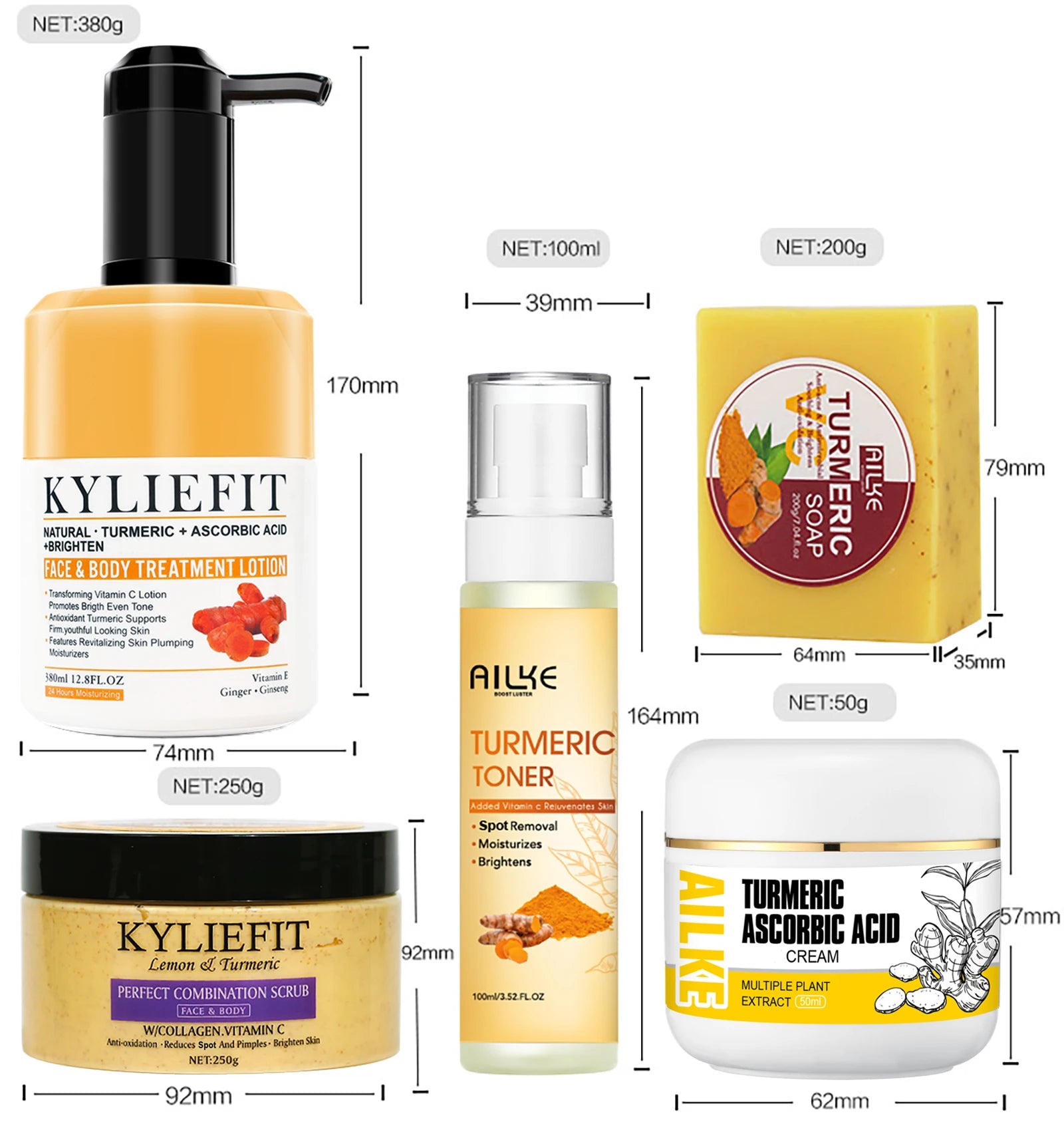 AILKE Organic Turmeric Skin Care Set, Reduce Acne, Cleaning Skin, Exfoliation, Whiten Skin, Even Skin Tone, Improve Dry Skin