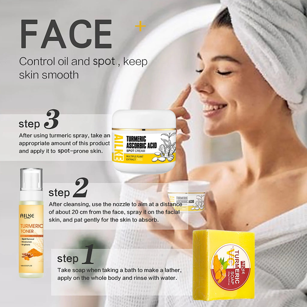 AILKE Organic Turmeric Skin Care Set, Reduce Acne, Cleaning Skin, Exfoliation, Whiten Skin, Even Skin Tone, Improve Dry Skin