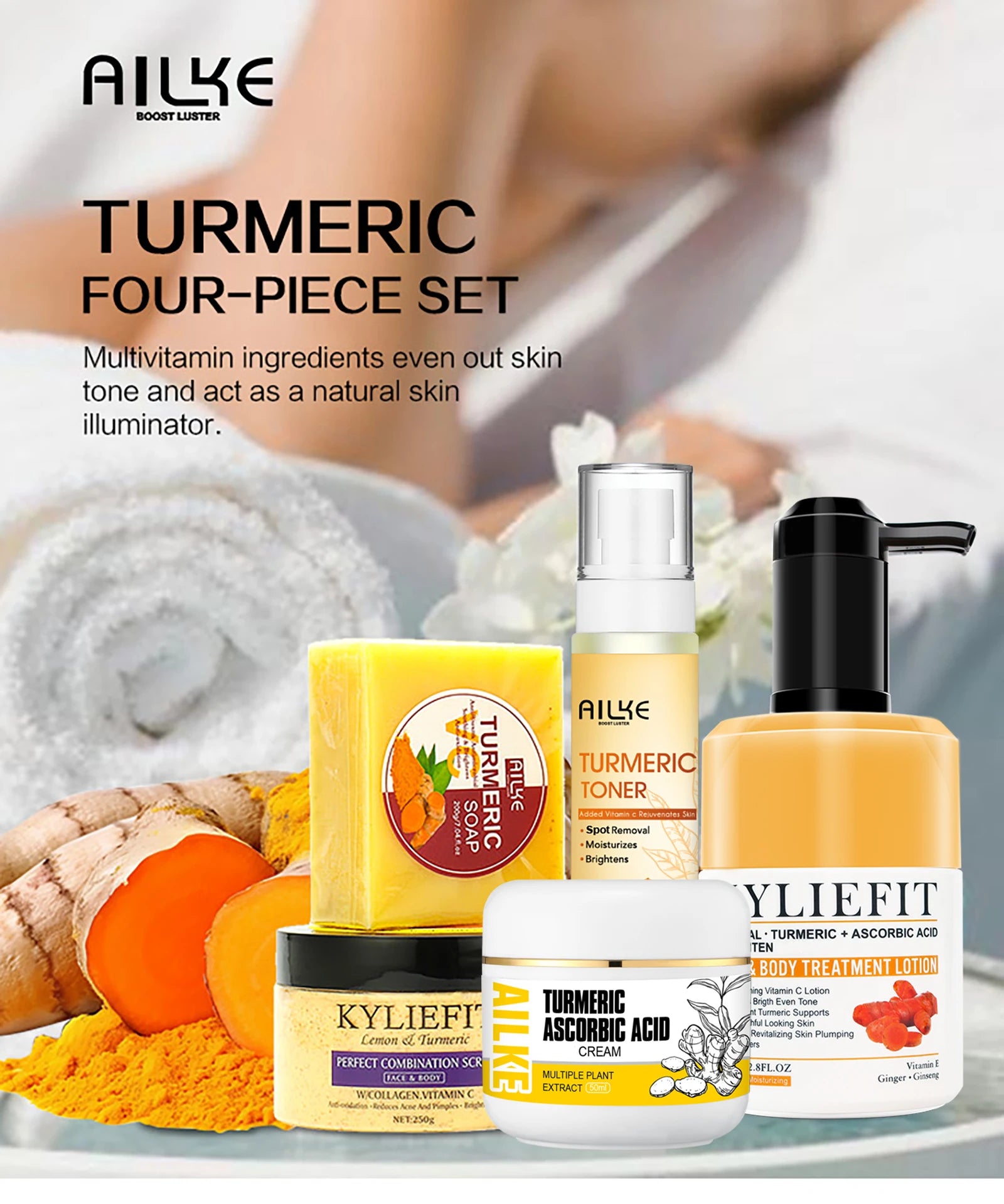 AILKE Organic Turmeric Skin Care Set, Reduce Acne, Cleaning Skin, Exfoliation, Whiten Skin, Even Skin Tone, Improve Dry Skin