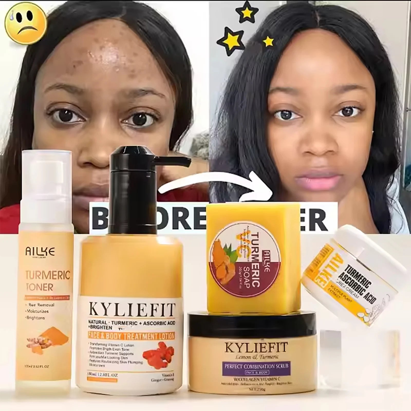AILKE Organic Turmeric Skin Care Set, Reduce Acne, Cleaning Skin, Exfoliation, Whiten Skin, Even Skin Tone, Improve Dry Skin