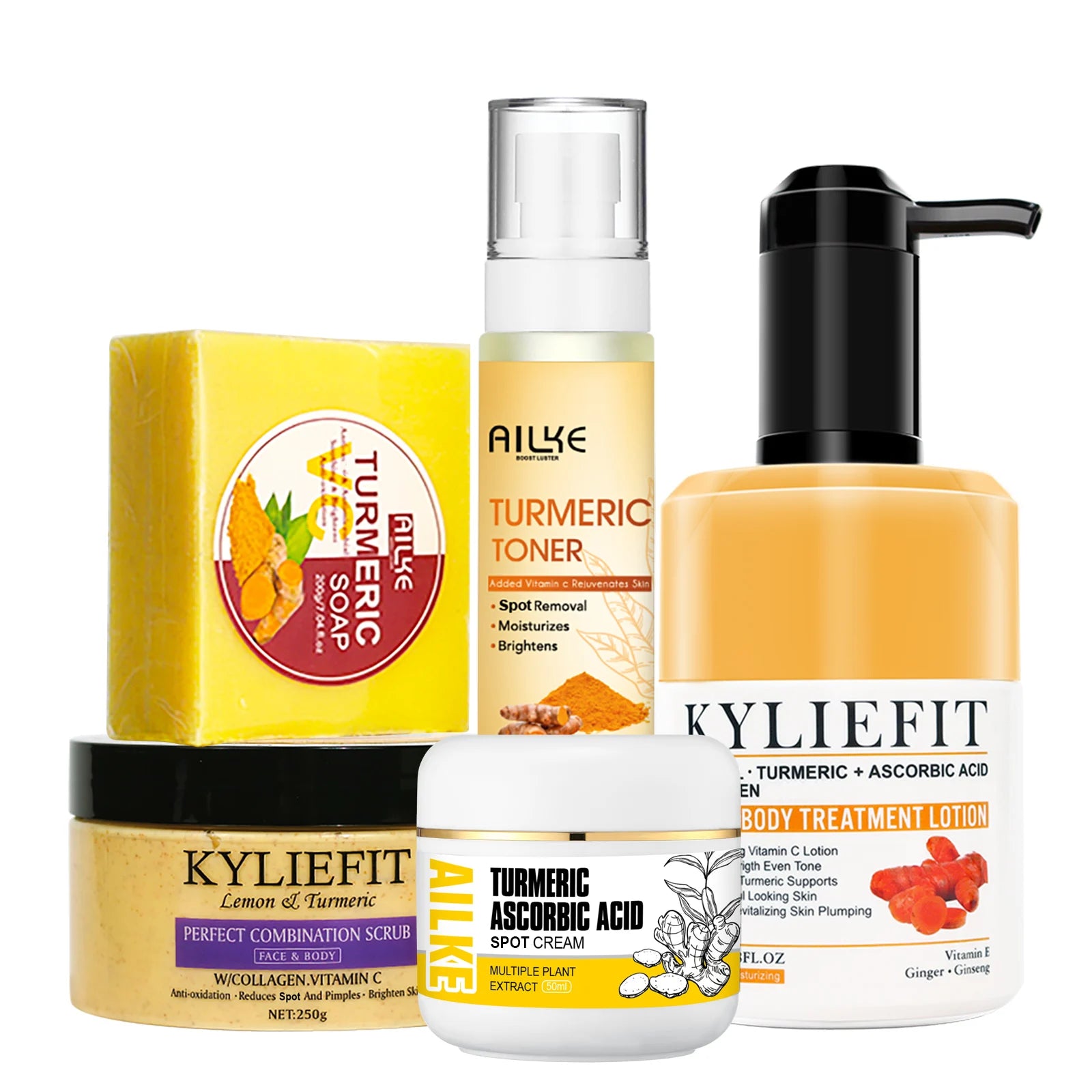 AILKE Organic Turmeric Skin Care Set, Reduce Acne, Cleaning Skin, Exfoliation, Whiten Skin, Even Skin Tone, Improve Dry Skin