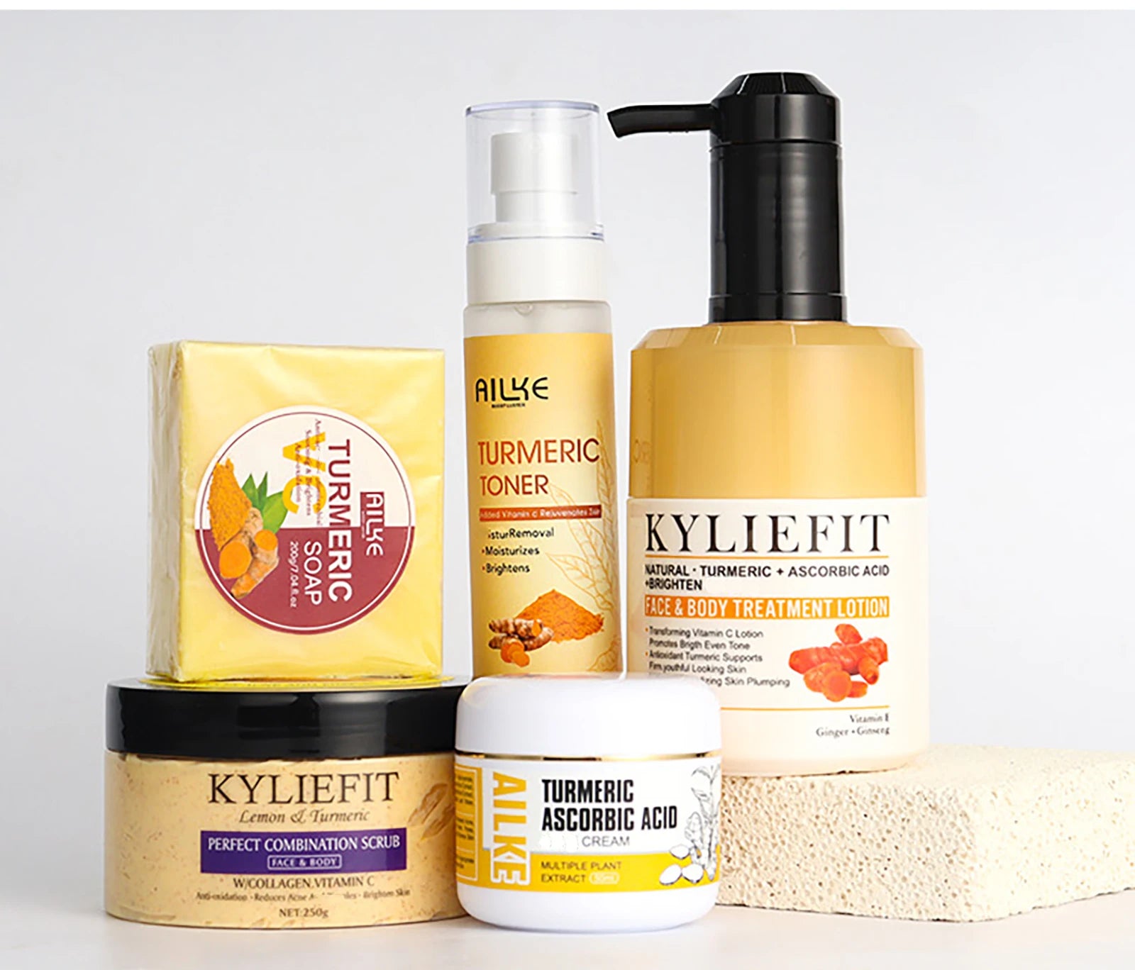 AILKE Organic Turmeric Skin Care Set, Reduce Acne, Cleaning Skin, Exfoliation, Whiten Skin, Even Skin Tone, Improve Dry Skin